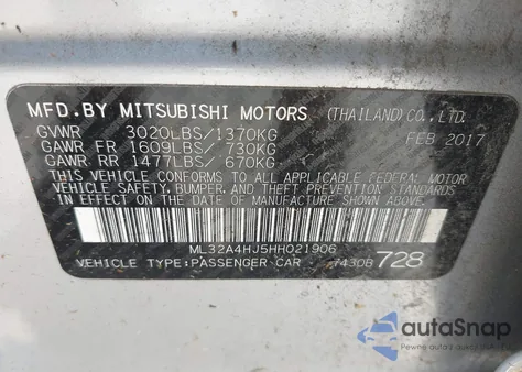 2017 Mitsubishi Mirage Se from USA, damaged, VIN ML32A4HJ5HH021906